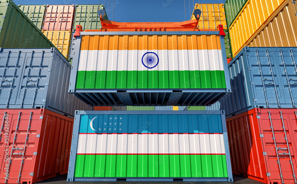 Fototapeta premium Cargo containers with Uzbekistan and India national flags. 3D Rendering