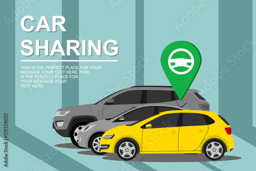 renting and carpooling banner on city background. rental auto service. automobile concept. car sharing banner. vector Illustration 10 eps