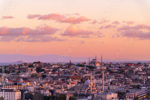 Istanbul city of sunset citycape is beautiful scenery of summer with lifestyle travel, tourism and vacation in Istanbul town buildings .Turkey. © lukyeee_nuttawut