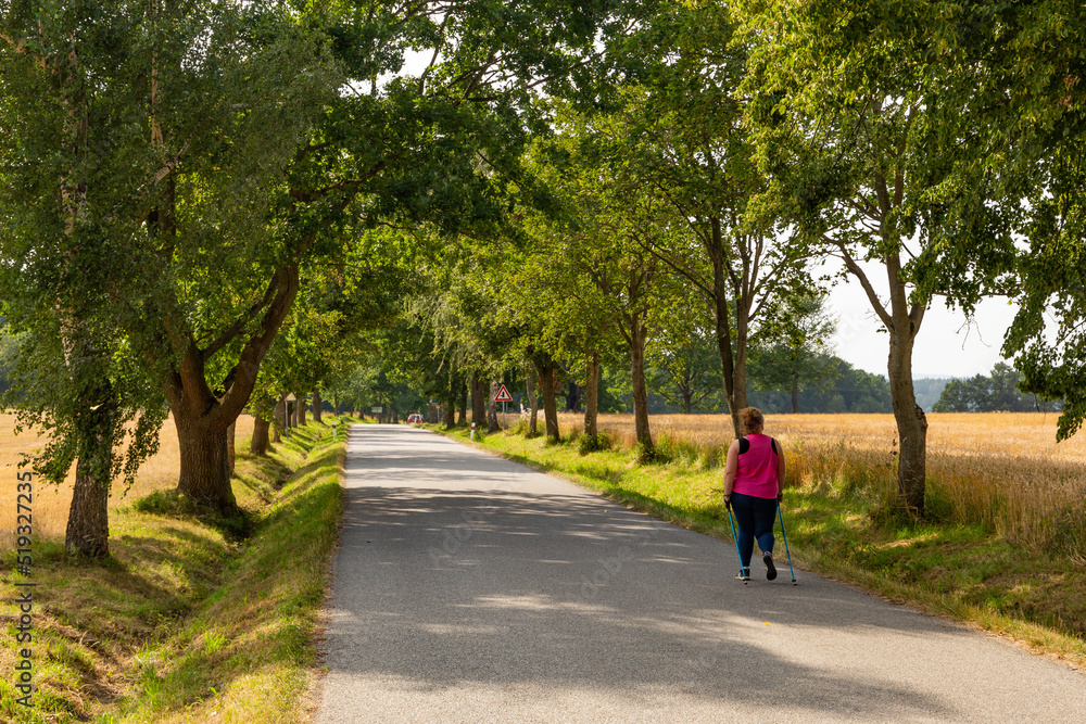 Woman walks on the road with scandinavian sticks. Nordic walking.