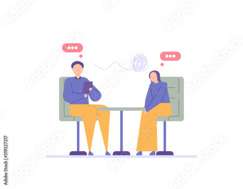 consultant, psychologist, psychiatrist, doctor. a woman consulted for solutions and advice. health and mental problems. communication. flat cartoon illustration. concept vector design
