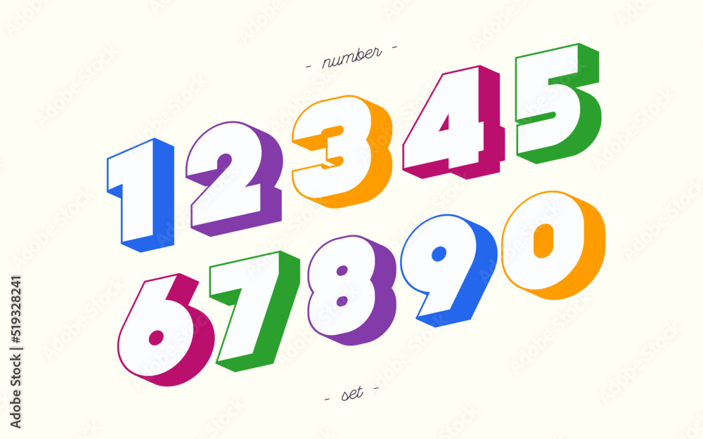 Vector number set 3d bold color style modern typography for animation, t shirt, racing, game, poster, birthday, decoration, promotion, sale banner, printing on fabric. Cool font.10 eps