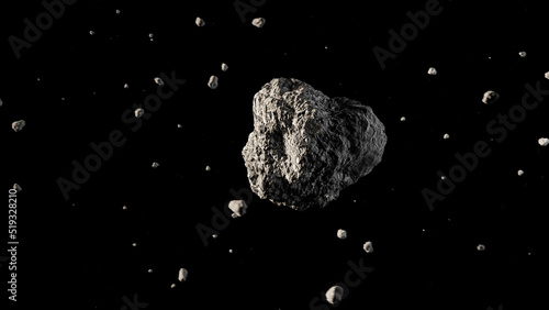 A large asteroid flying in outer space with small fragments. Threat of an asteroid impact. Dangerous space object. 3D rendering illustration