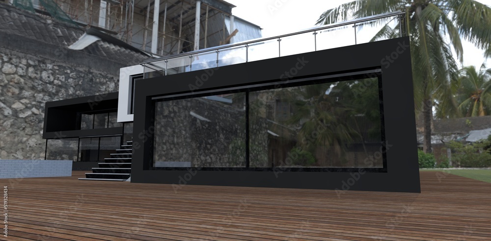 Conceptual design of an advanced villa in the old part of the city. Spacious decked yard. 3d render. Conceptual design of an advanced villa in the old part of the city. Spacious decked yard. 3d render.