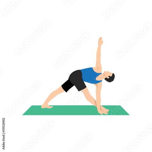 Man doing revolved triangle pose parivrtta trikonasana exercise. Flat vector illustration isolated on white background