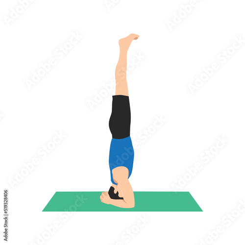 Fotografie Man practicing yoga concept, standing in salamba sirsasana exercise, headstand p