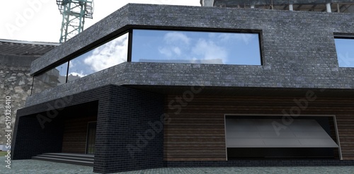 The concept of a futuristic building of an unusual shape. Finishing facade board and gray slate. 3d render.