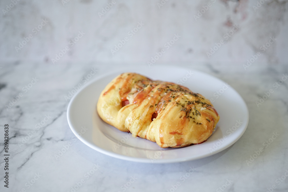 Sausage buns bread. Soft baked bun (dough) stuffed with sausage for fast food breakfast or coffee break. Sausage roll, (hot dog).
With mayo, tomato sauce, mozarella cheese and parsley topping
Sausage buns bread. Soft baked bun (dough) stuffed with sausage for fast food breakfast or coffee break. Sausage roll, (hot dog).
With mayo, tomato sauce, mozarella cheese and parsley topping