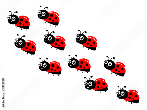 Ladybugs line group. Cute ladybirds trail set. Vector illustration isolated on white.