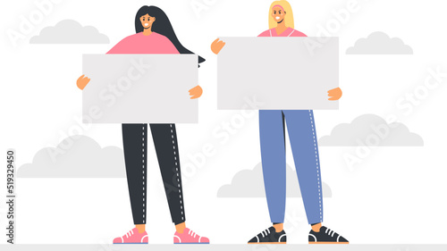 Flat vector illustration. Women protesting, asserting their rights. 