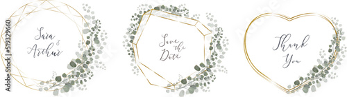 Vector set of frames for wedding invitations. Gold polygonal frames, in the shape of a heart, crystal. Eucalyptus and plants 
