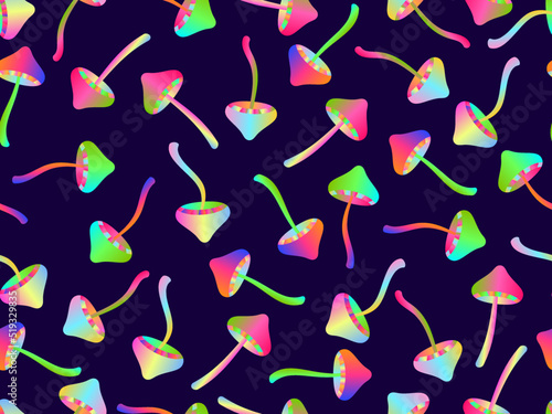 Psychedelic mushrooms seamless pattern. Acid trip, colorful mushrooms in the style of the 80s. Design for posters, banners and promotional products. Vector illustration