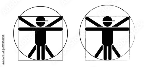Stickman businessman vitruvian man symbol, Stick figures man, Leonardo da Vinci. Fun vector ratio icon or sign.  Cartoon human, anatomy body pictogram or logo.