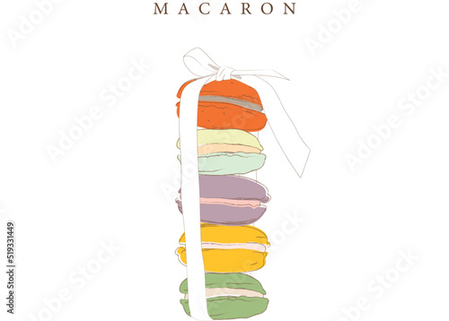 Stack macaron cakes, French pastry dessert. Vector illustration, isolated on white background. Set macaroon with ribbon bow.
