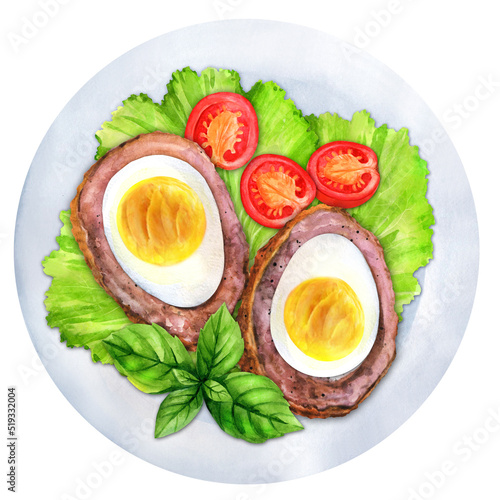 Scotch Eggs Served with tomato on white plate
