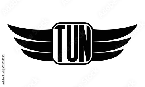 TUN three Letter wing minimalist creative concept icon eagle symbol professional black and white logo design, Vector template