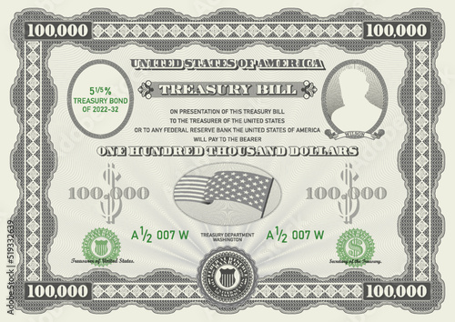 Vector gray 100,000 US dollar treasury bill. Guilloche grid, frame with green seals and ovals with ribbons. American flag, Wilson photo