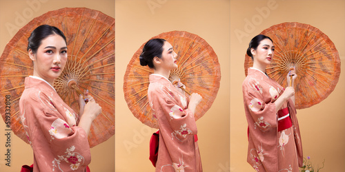 Foto Young 20s Asian Japanese woman wear traditional Kimono, hold painting umbrella