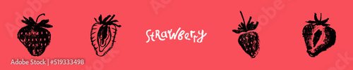 Vector Strawberry icons set. Black hand drawn strawberries symbols. Stencil style sign of red berry illustration for baby food logo, juice label design, strawberry drawing, berries packaging.