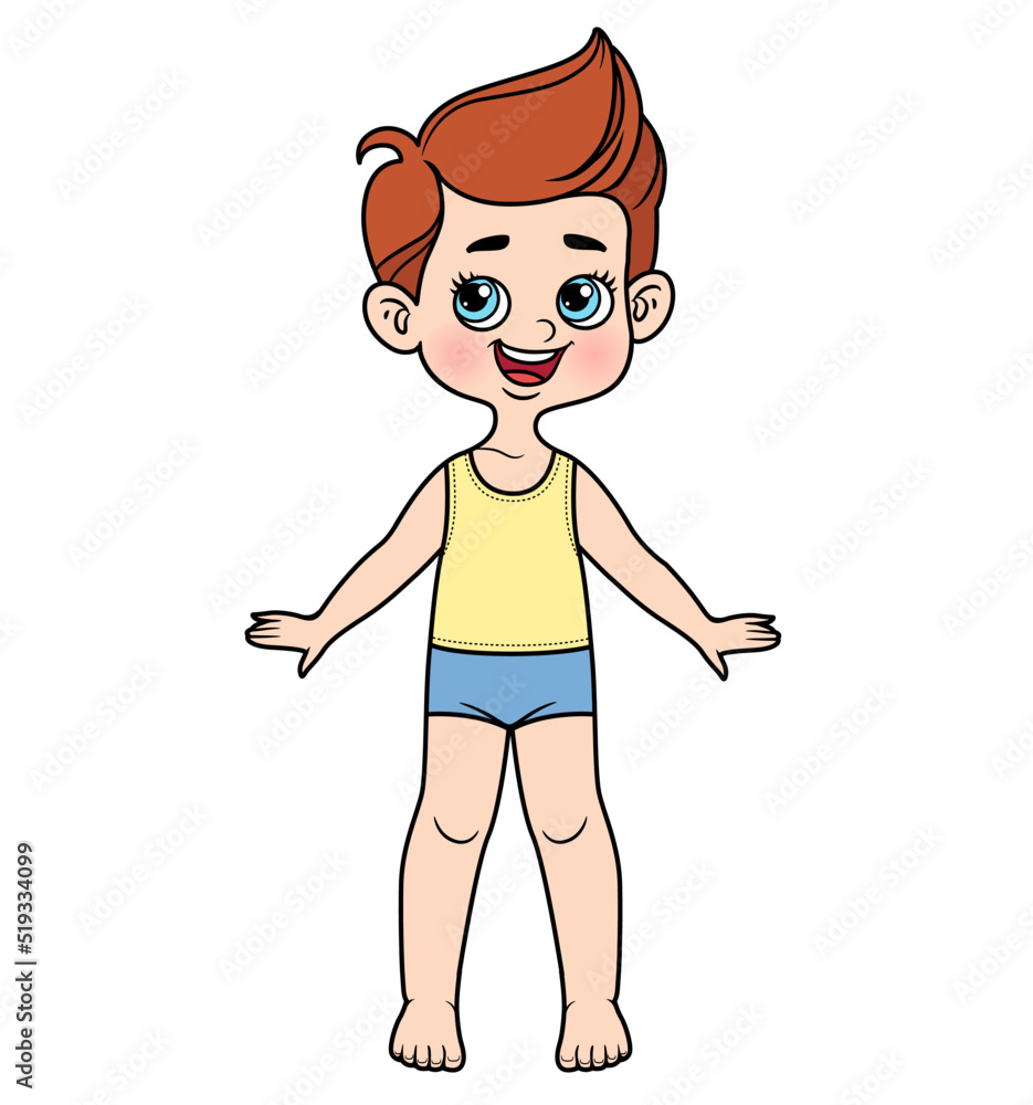 Cute cartoon boy with tufted hair dressed in underwear barefoot color variation on a white background Cute cartoon boy with tufted hair dressed in underwear barefoot color variation on a white background