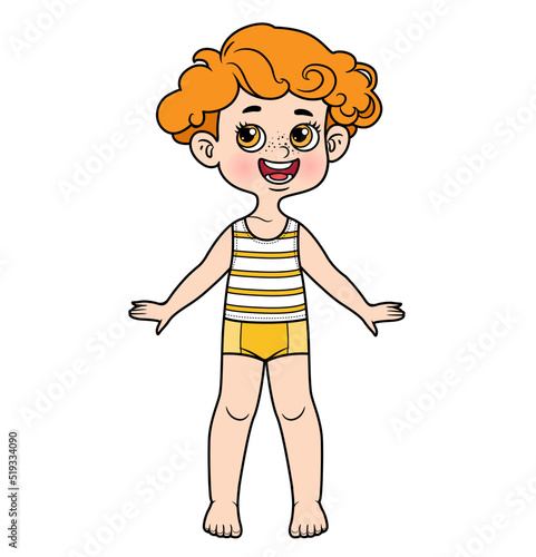 Cute cartoon boy with curly hair dressed in underwear barefoot color variation for coloring on a white background