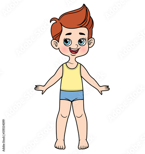 Cute cartoon boy with tufted hair dressed in underwear barefoot  color variation on a white background