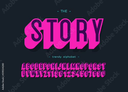 Vector story alphabet colorful style for t shirt, decoration, logo, party poster, book, greeting card, sale banner, printing on fabric, stamp. Cool typography font. Modern trendy 3d typeface. 10 eps