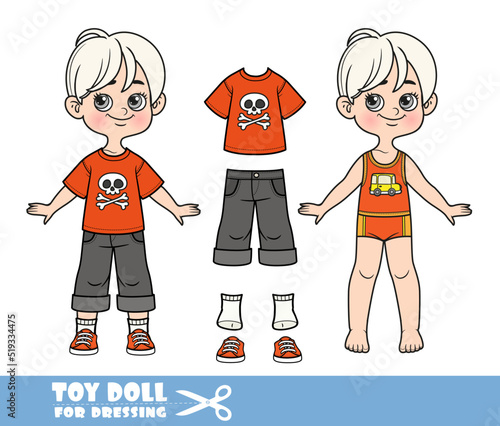 Cartoon blond boy dressed and clothes separately -  T-shirt with jolly roger print, black long shorts and sneakers doll for dressing