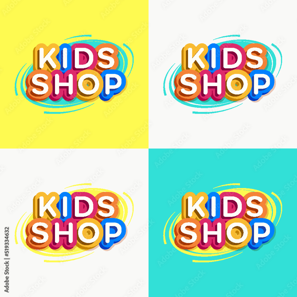 Vector kids shop logo set colorful style for game zone, kids shoes, baby club, children school, clothes company, toys shop, toy market, cafe, education club, kid store, firm, cartoon label. 10 eps