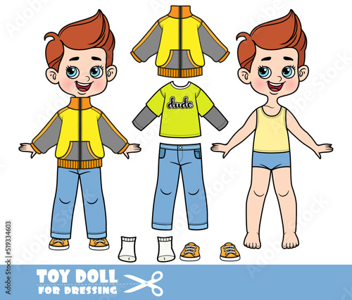 Cartoon boy with brunette hair dressed and clothes separately -T-shirt with long sleeve, jeans, windbreaker jacket and orange sneakers doll for dressing