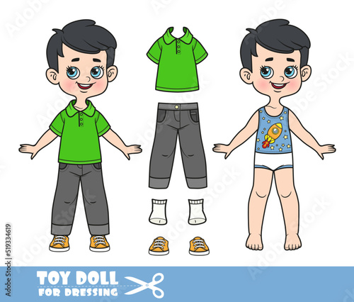 Cartoon brunette boy dressed and clothes separately -  green T-shirt, black jeans and orange sneakers doll for dressing