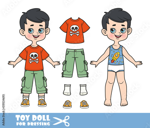 Cartoon brunette boy dressed and clothes separately - T-shirt, breeches with additional patch pockets and orange sneakers doll for dressing