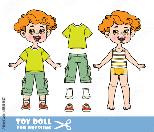 Cartoon redhaired boy dressed and clothes separately - greenT-shirt, breeches and sneakers doll for dressing