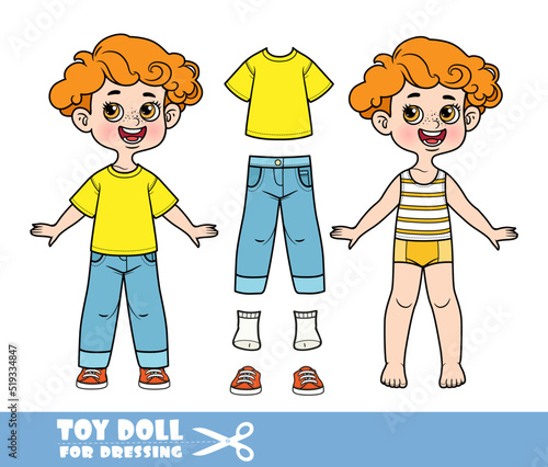 Cartoon redhaired boy dressed and clothes separately - yellowT-shirt, blue jeans and sneakers doll for dressing