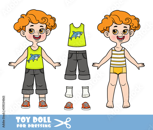 Cartoon redhaired boy dressed and clothes separately - T-shirt with shark print, shorts  and sneakers doll for dressing