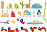 Chile icons set cartoon vector. Map adventure. Alpaca travel