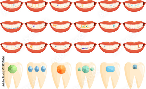 Tooth gems icons set cartoon vector. Dental care. Gem medicine