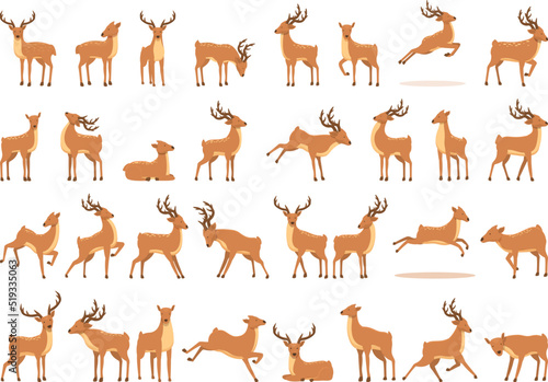 Reindeer herding icons set cartoon vector. Deer animal. Elk herd