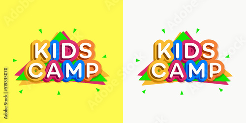 Vector kids camp card cartoon style for summer label, children holidays, summer holiday party, kids camping, fest, travel emblem, logo, label, sale banner, poster, invitation. 10 eps