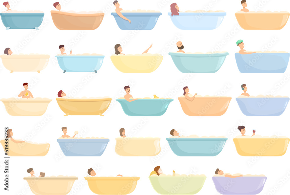 Take a warm bath icons set cartoon vector. Foam girl. Scrub glove Take a warm bath icons set cartoon vector. Foam girl. Scrub glove