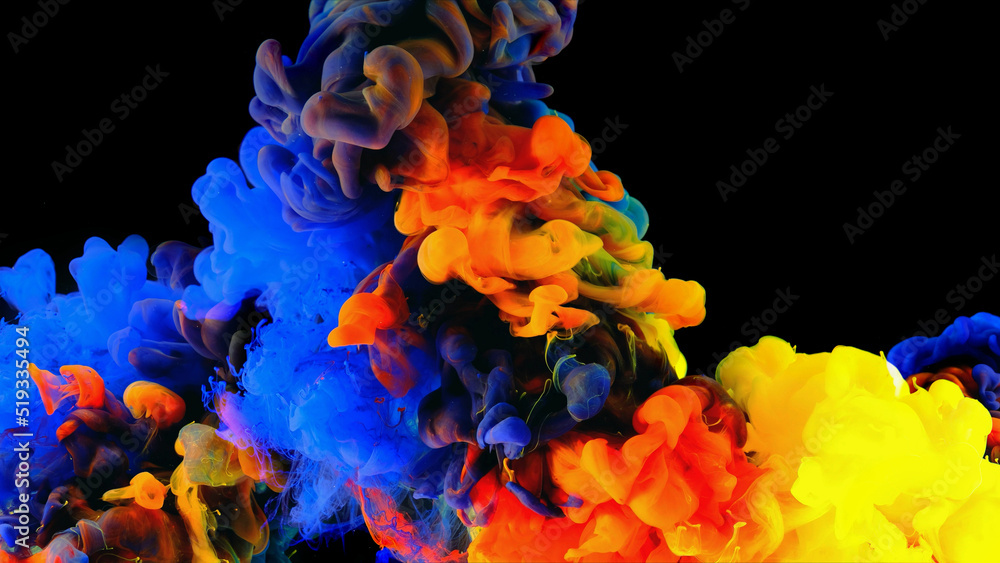 Abstract color mix , color drops in water , drop of Ink color mix paint falling on water Colorful ink in water,
