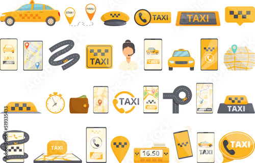 Taxi call icons set cartoon vector. App online. Payment travel