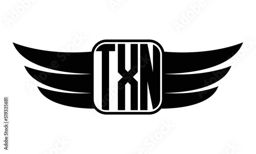 TXN three Letter wing minimalist creative concept icon eagle symbol professional black and white logo design, Vector template