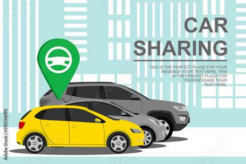 rental auto service. renting and carpooling. automobile concept on city background. car sharing banner. vector Illustration 10 eps