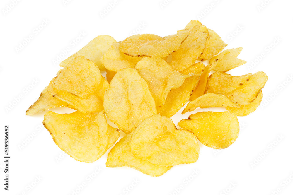 Crispy potato chips on a white background.