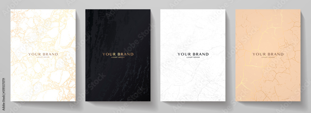 Modern cover design set. Premium vintage pattern with crack texture (grunge background). Luxury vector in black, gold, white colour for invite template, restaurant menu - obrazy, fototapety, plakaty 