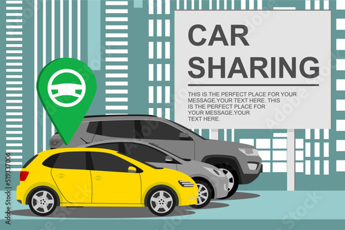 automobile concept on city background. car sharing banner. rental auto. rent service and carpooling. vector Illustration 10 eps