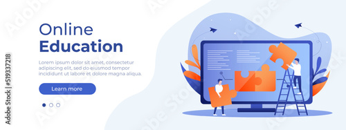 Online education concept. Vector layout for website page. Illustration in flat style with people studying remotely. Students learning online at home. Vector illustration EPS 10