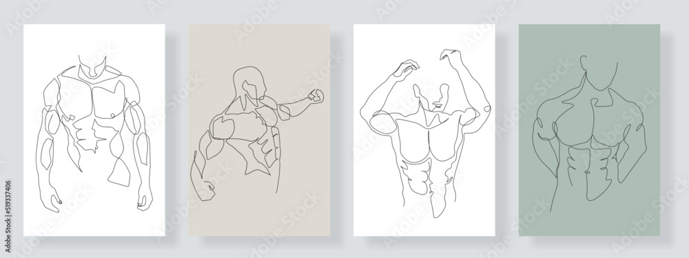 Continuous Line Male Figure Naked Strong Muscular Healthy Vector Illustration Hand Drawn