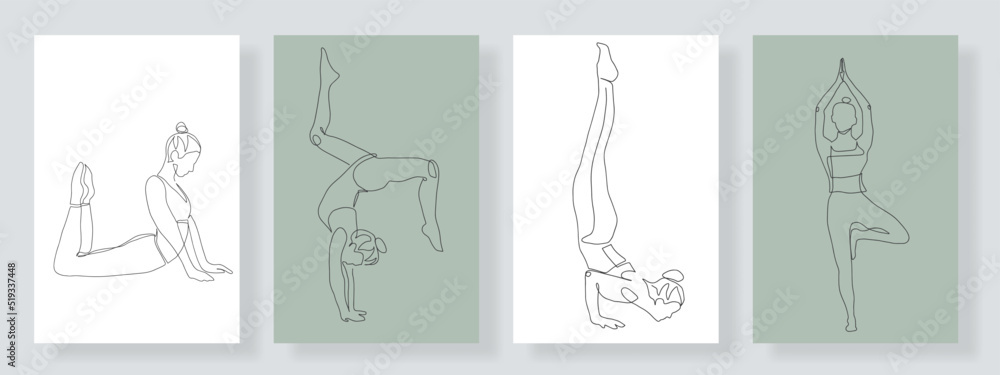 set of yoga, continuous line drawing of a woman's fitness yoga concept, vector health illustration